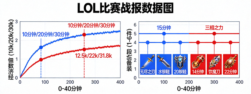 LOL比赛战报数据图表展示经济曲线与装备时间轴